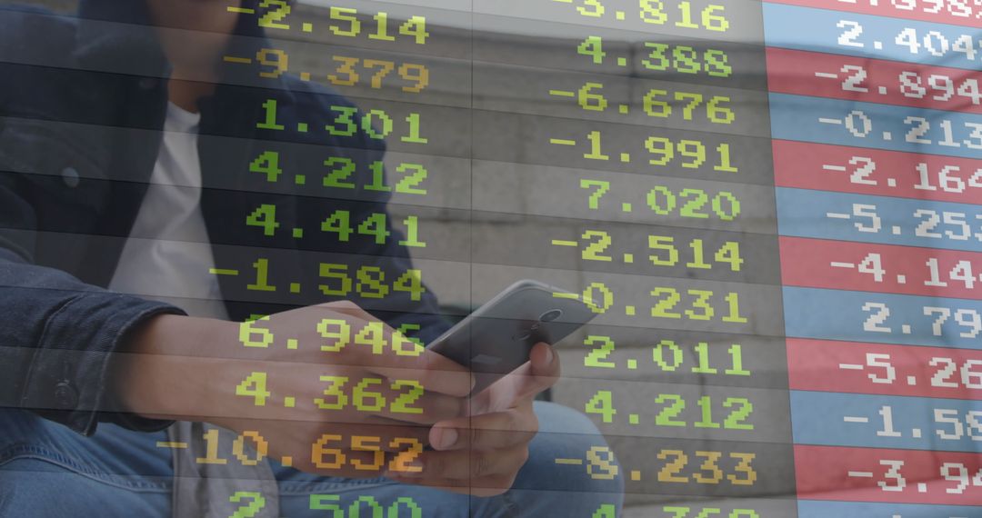 Man on Steps Checking Smartphone with Stock Market Overlay