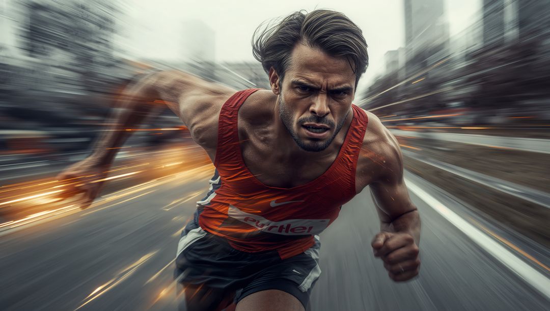 Sprinter powering through urban street with dramatic motion blur and dynamic energy