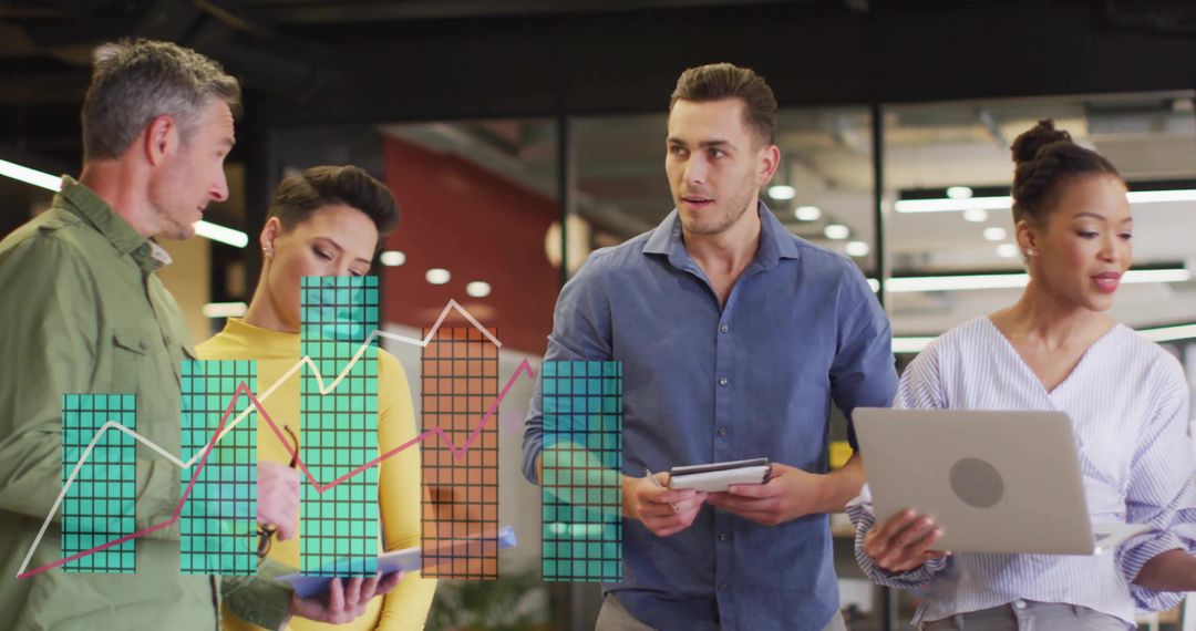 Team Reviewing Business Metrics with Digital Chart in Modern Office