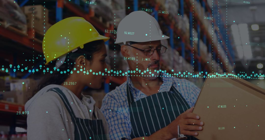 Warehouse Workers Analyzing Boxes with Financial Data Overlay