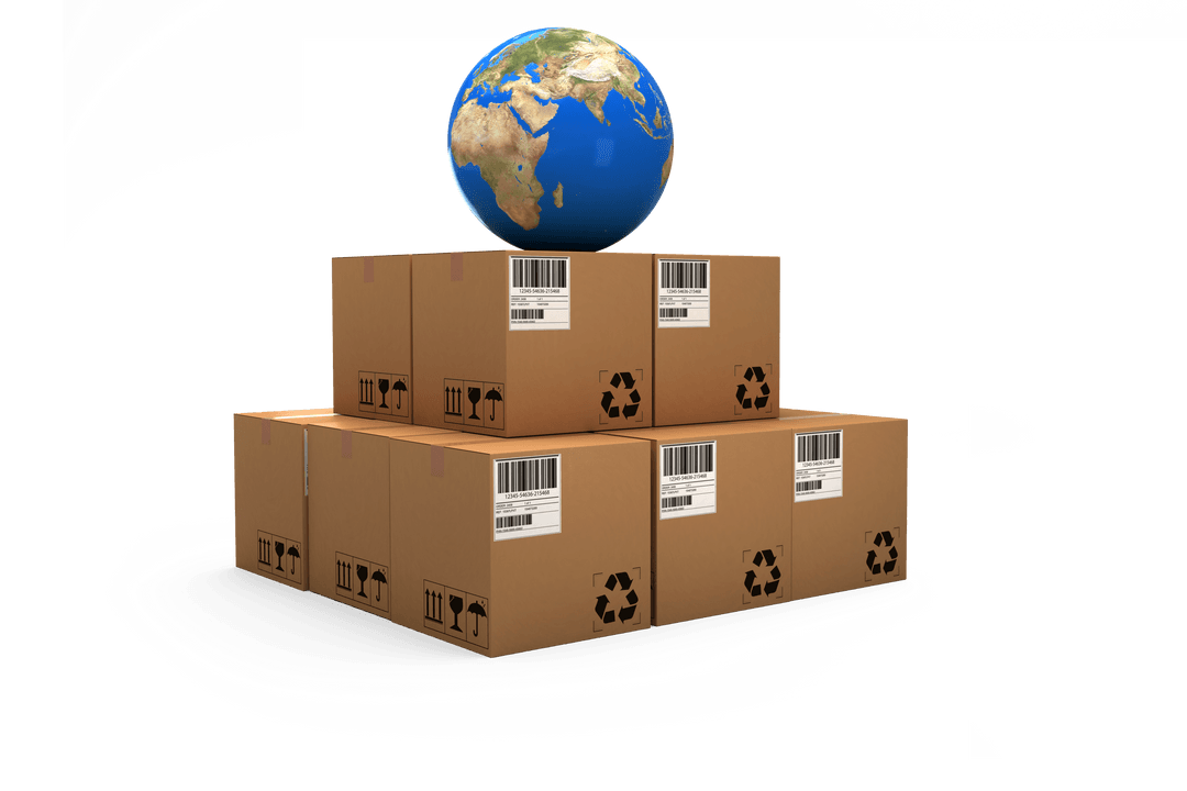 Transparent Global Delivery Concept with Globe and Cardboard Boxes