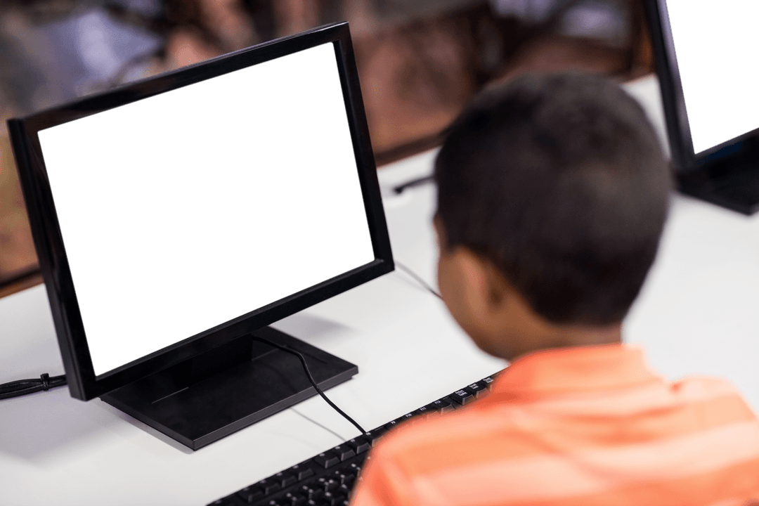 Young Boy Sitting Before Transparent Monitor Emulating Blank Screen