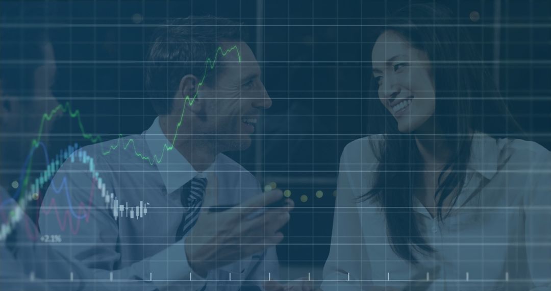 Business Team Meeting with Dynamic Stock Market Overlay