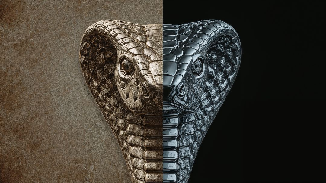 Sculpture Cobra Head Split into Stone and Chrome Art Studio Finish