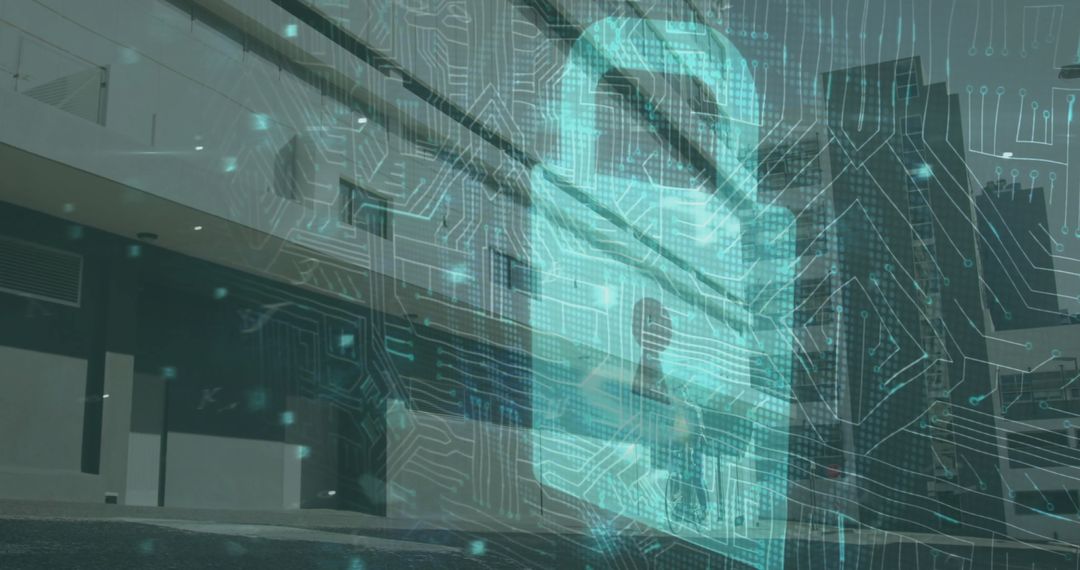 Cybersecurity Concept with Digital Padlock and Cityscape