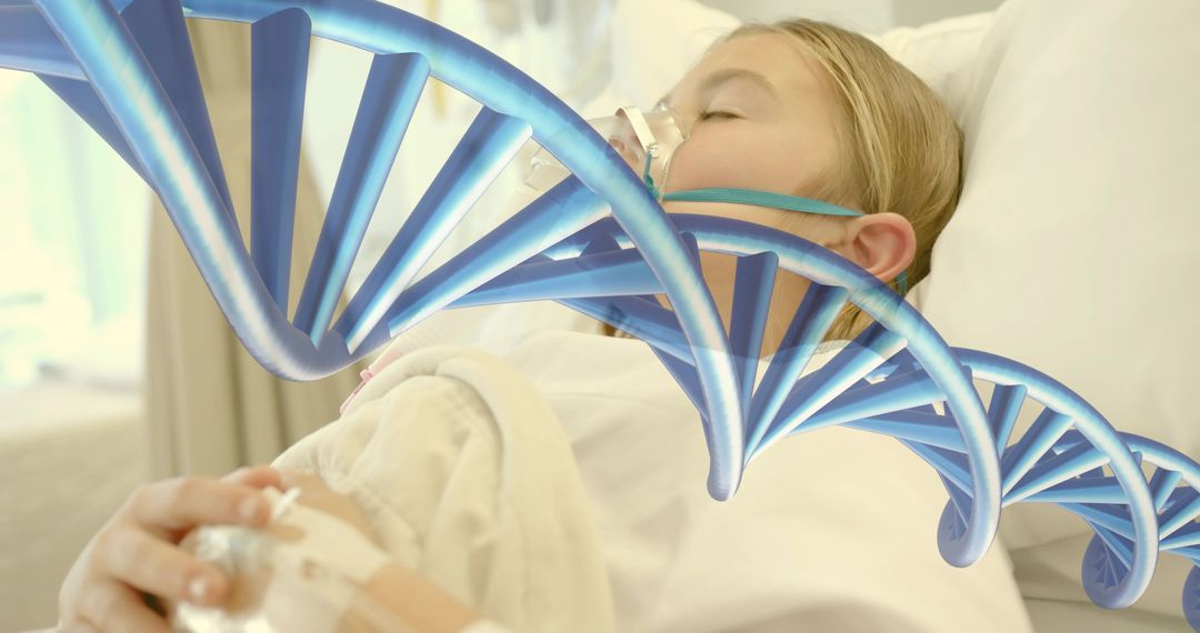 Child Receiving Oxygen Therapy with DNA Helix Overlay Representing Genetic Research
