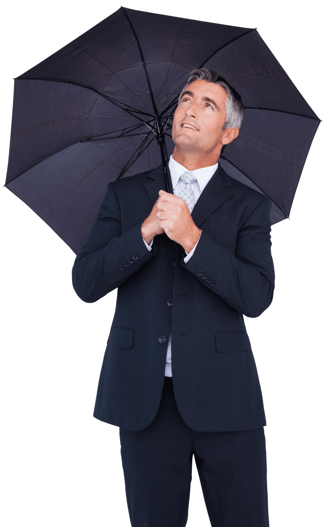 Happy Businessman with File Under Transparent Umbrella