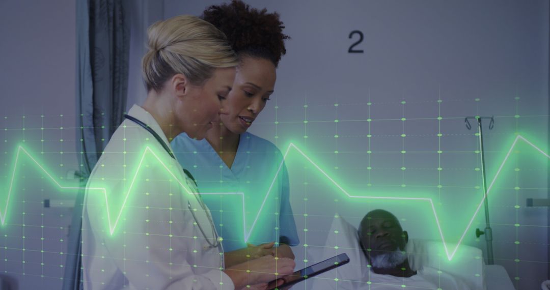 Healthcare Professionals Analyzing Patient Data with Heart Rate Overlay