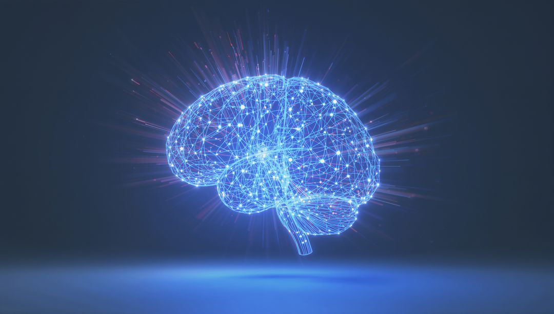 Glowing Neural Network Brain Hologram Emitting Blue Light with Connected Data Nodes