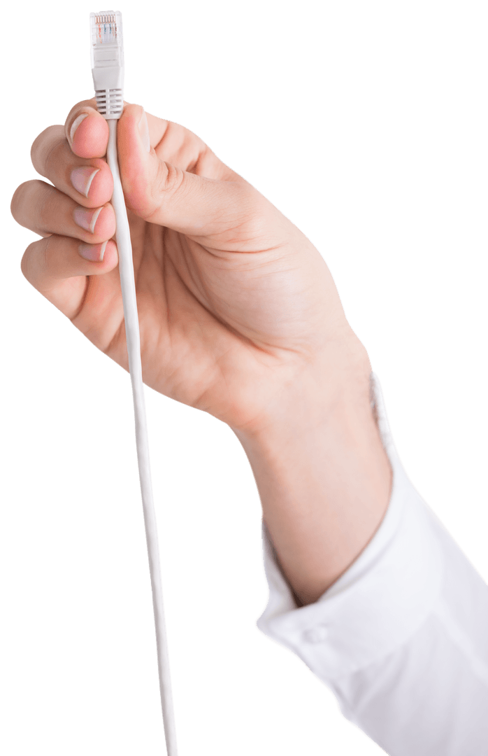 Hand Holding Transparent Ethernet Cable in Corporate Setting
