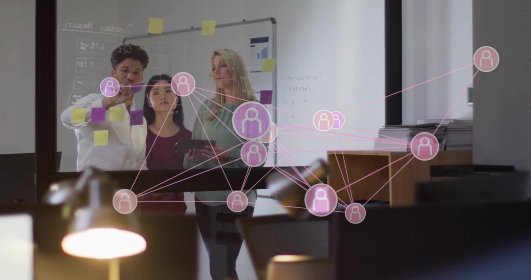 Team Collaborating in Modern Office with Network Connections Overlay