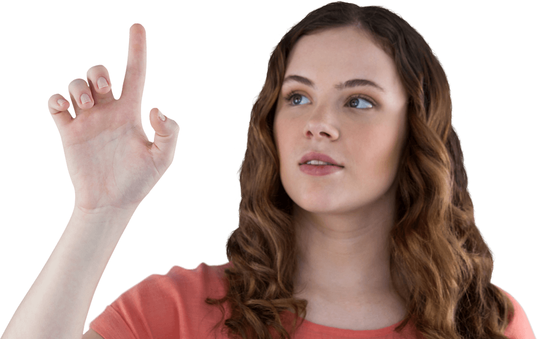 Caucasian Woman Pointing with Focus on Transparent Background