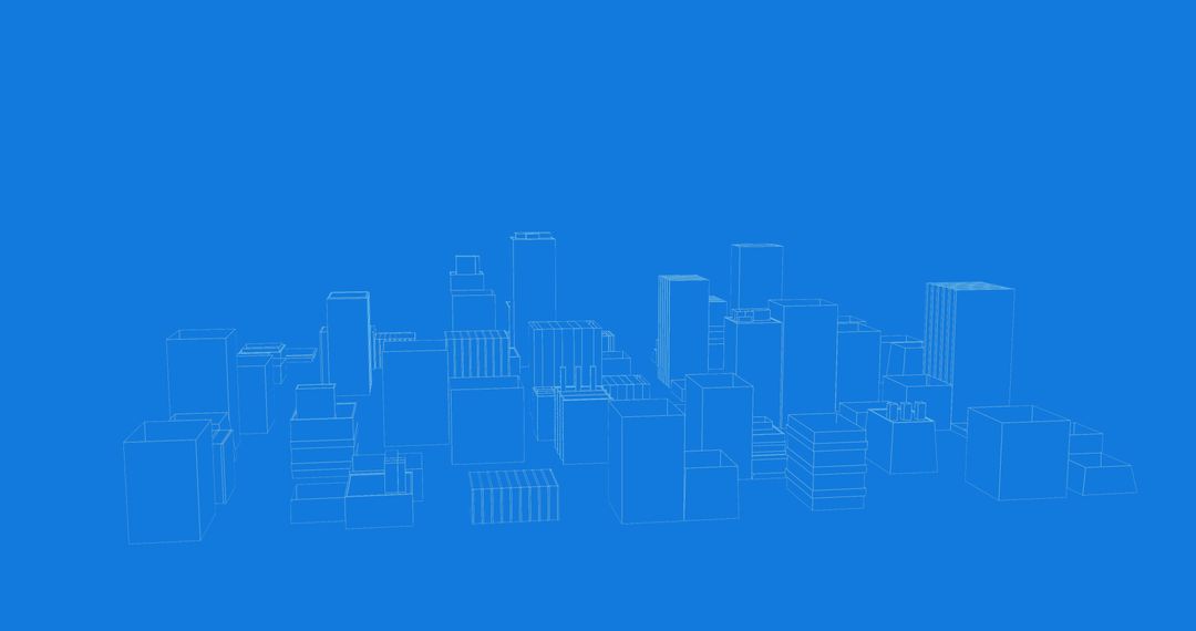 Futuristic Cityscape with Rotating 3D Buildings on Blue Background