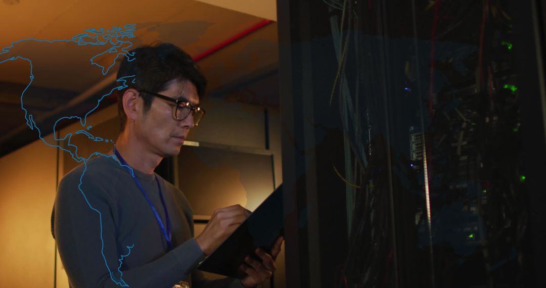 Technician Analyzing Data in Modern Server Room Environment