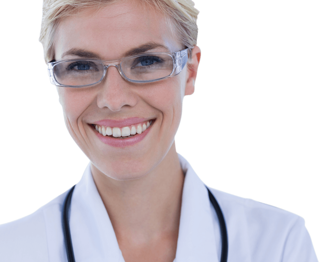 Transparent Smiling Female Doctor with Glasses Close-Up