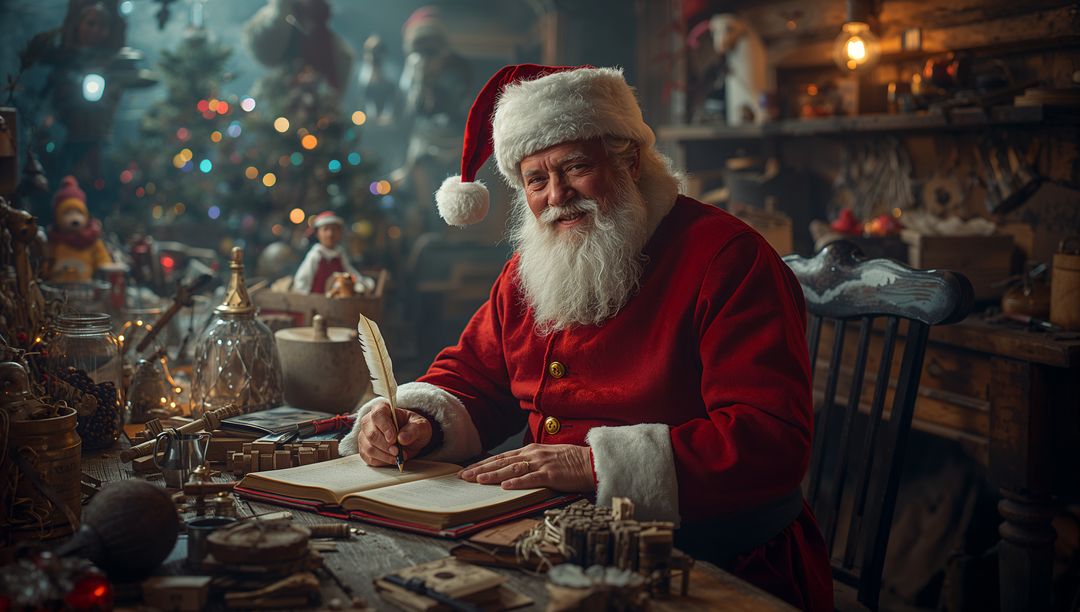 Santa Claus in Festive Workshop Writing with Quill Pen