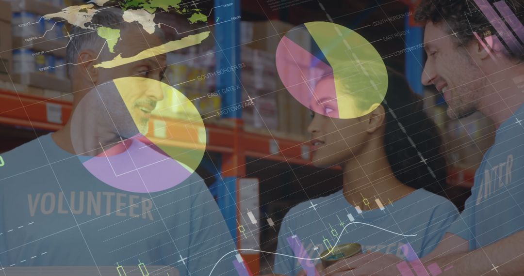 Volunteers Organizing Donations Overlaying Logistics Statistics