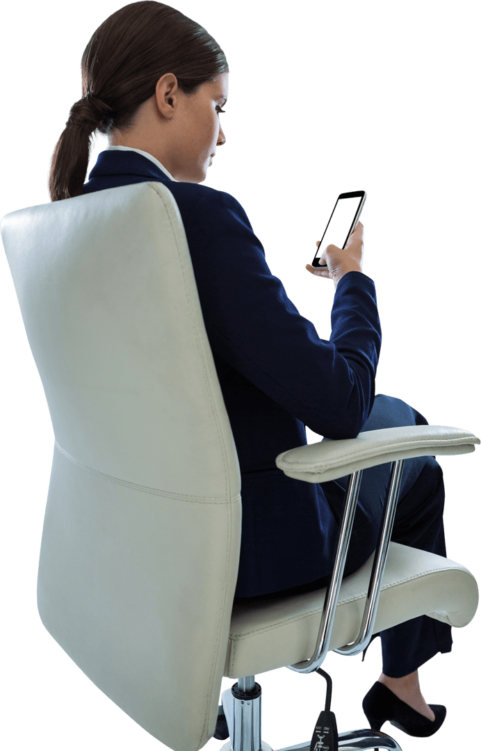 Businesswoman in Suit Sitting on Chair Using Smartphone Transparent Background