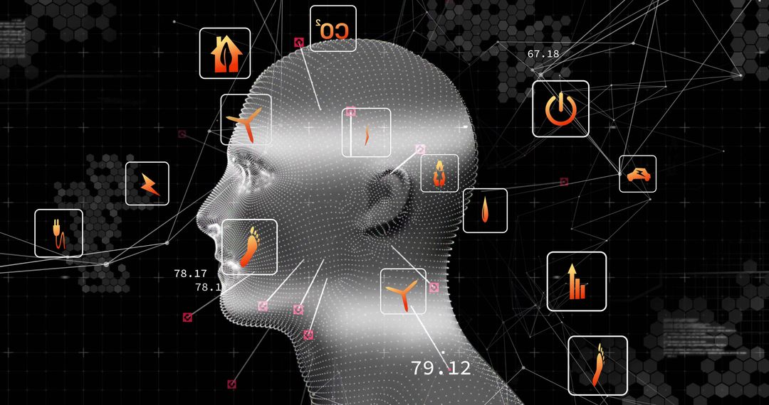 Futuristic Digital Interface Displaying Energy and Data Analytics on 3D Head