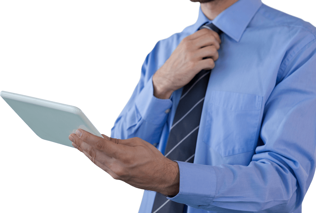Transparent Businessman Adjusting Necktie Holding Tablet Device