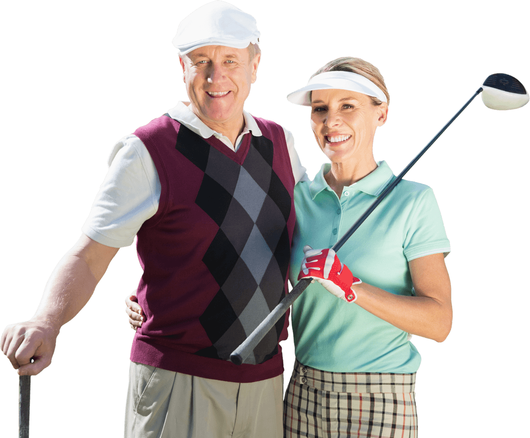 Happy Caucasian Golfing Couple on Transparent Background