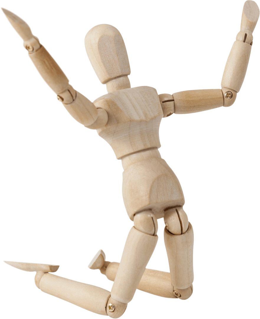 Transparent Wooden Mannequin Figurine Kneeling with Arms Raised