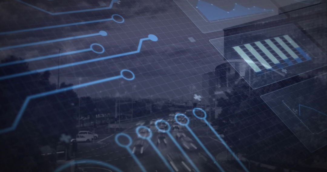 Futuristic urban traffic visualization overlaying circuit grid and holographic data panels