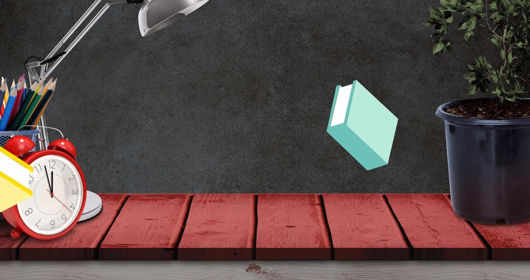 Educational Icons Floating on Wooden Desk with Gray Background