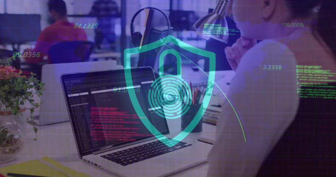 Woman Coding on Laptop With Digital Security Overlay in Modern Office