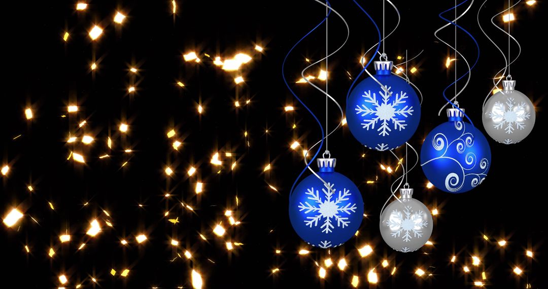 Festive Christmas Baubles with Snowflake Decor Against Glittering Lights