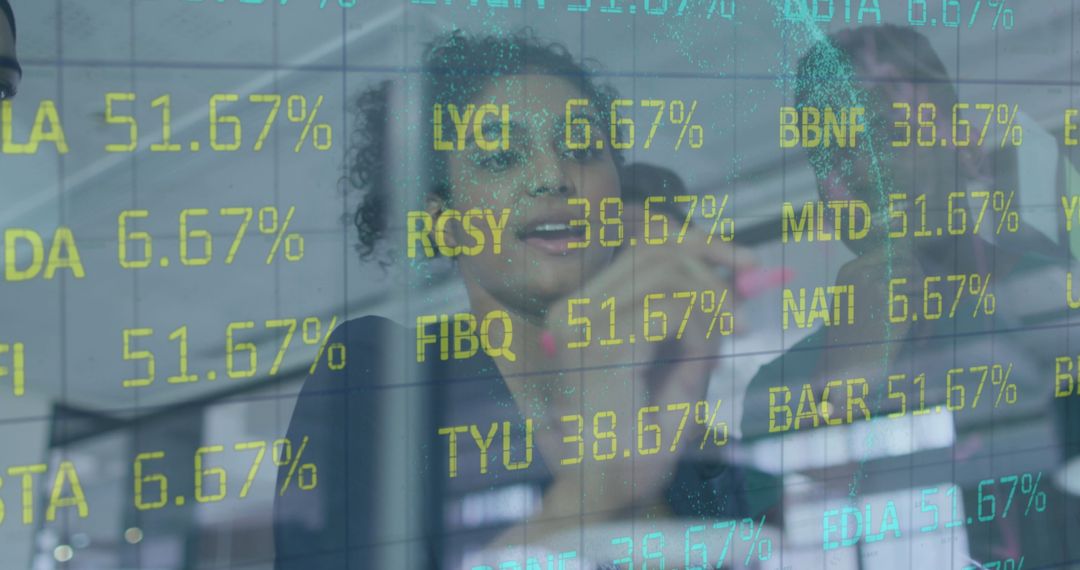 Diverse Team Analyzing Stock Market Data on Transparent Screen