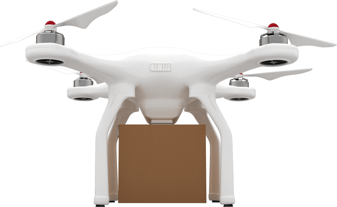 Transparent White Quadcopter Drone Delivering Package