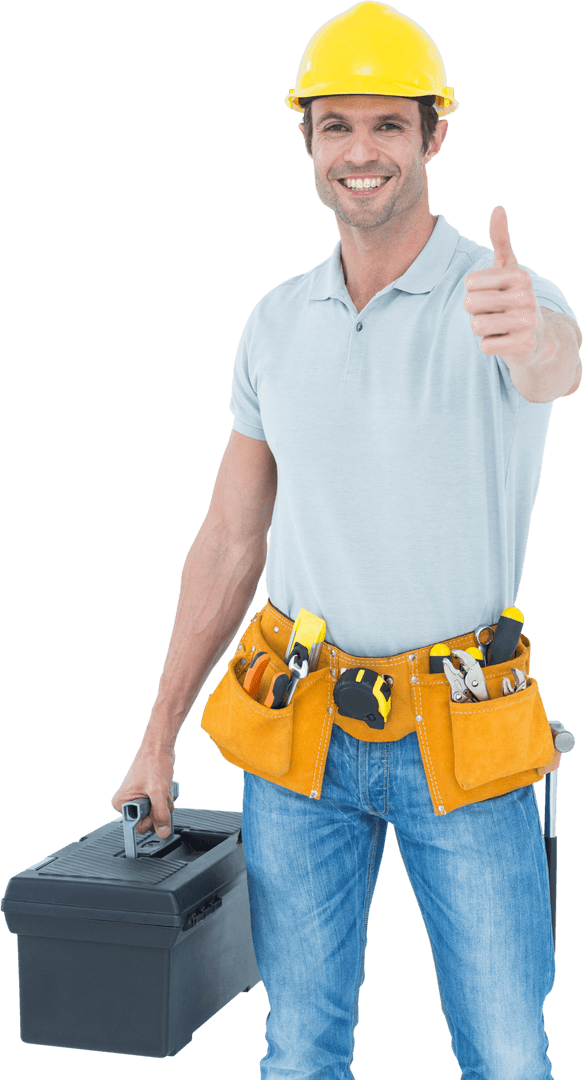 Transparent Handyman Smiling with Toolbox and Thumbs Up Symbol