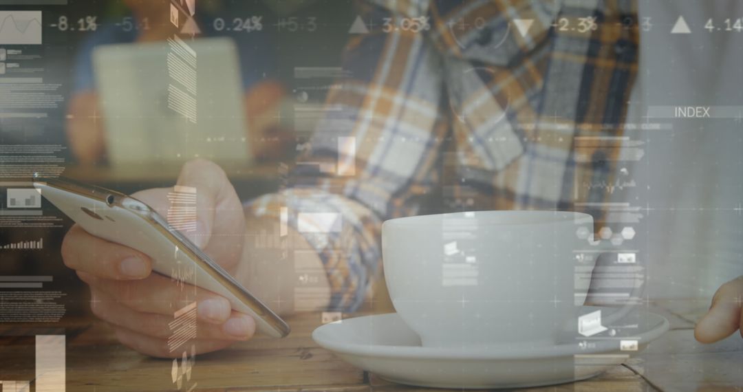 Man Engaging with Smartphone Surrounded by Futuristic Data Graphics