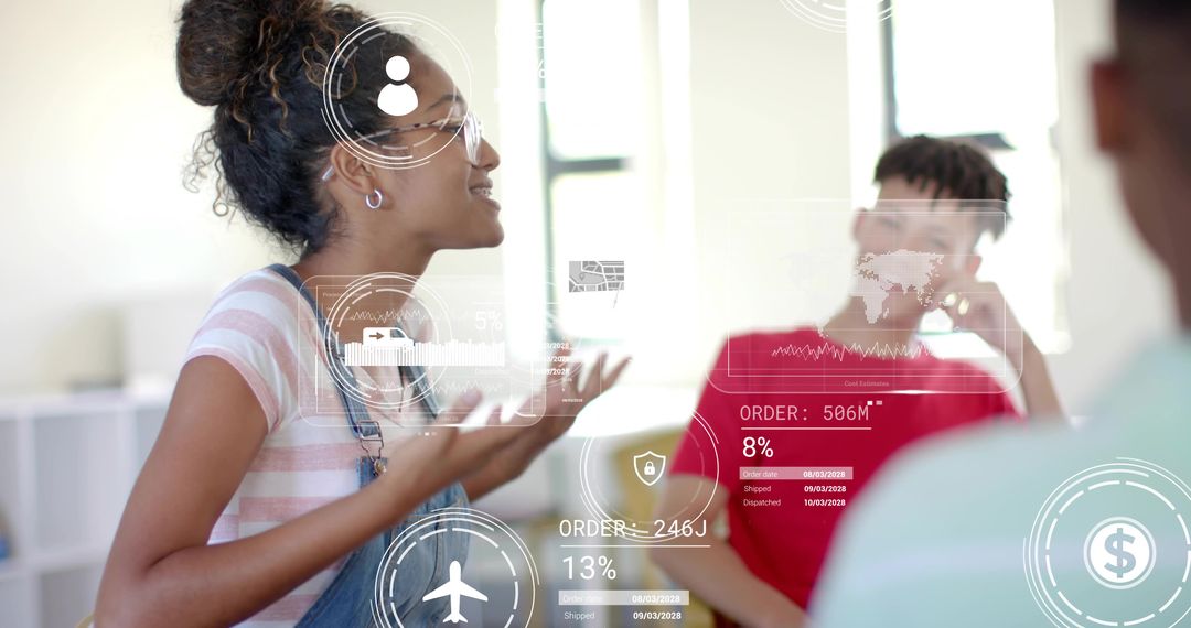 Teen girl presenting digital analytics with AR overlays during classroom collaboration