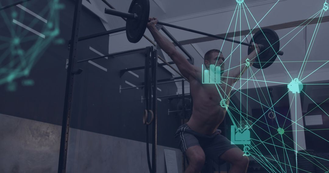 Weightlifter Performing Overhead Lift with Digital Network Graphics
