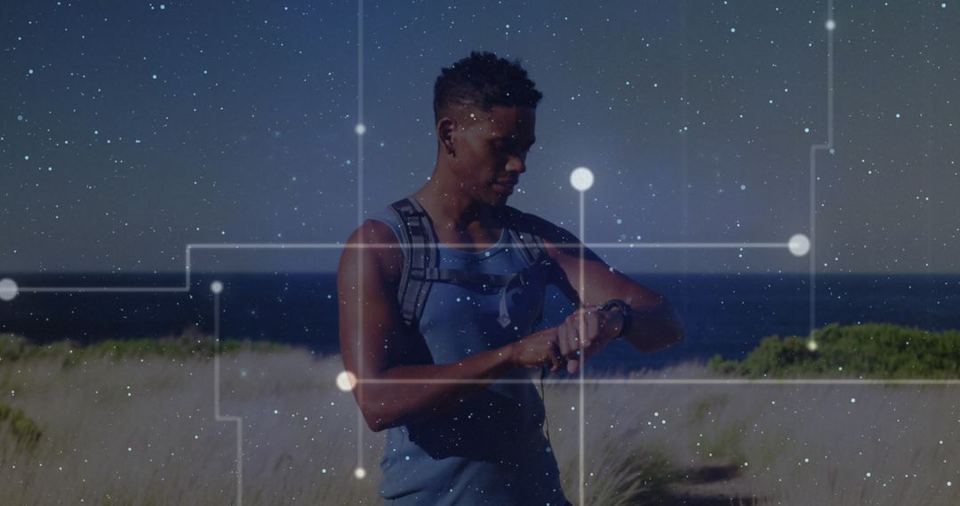 Digital Sport Innovation: Man Connects with Smartwatch in Natural Setting