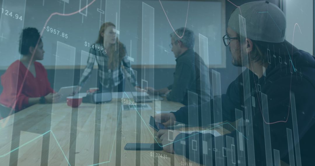 Team Meeting with Financial Data Overlay in Technology Atmosphere