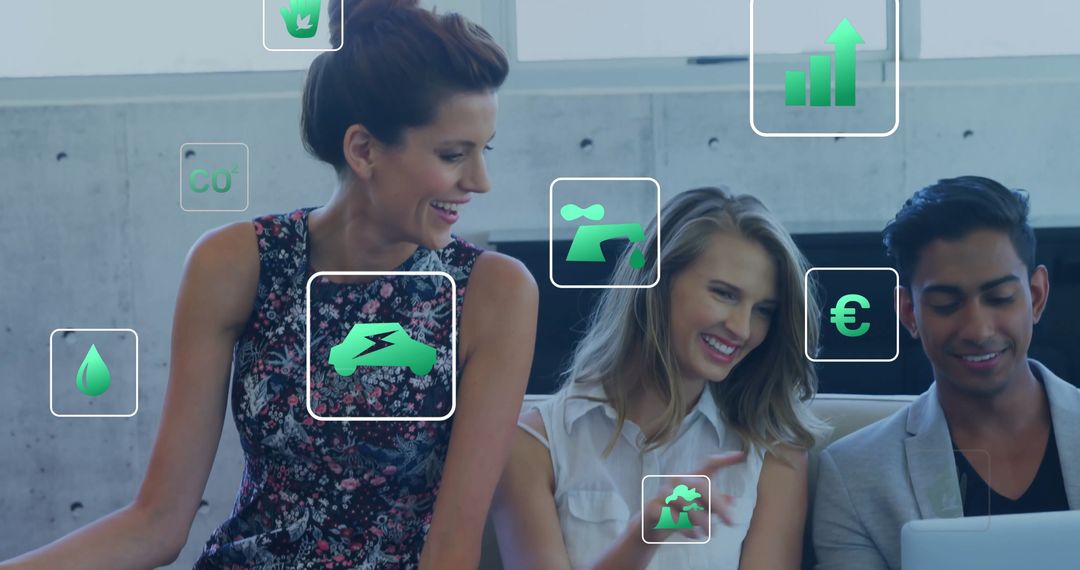 Diverse Team Analyzing Eco-Data and Finance Icons in Office