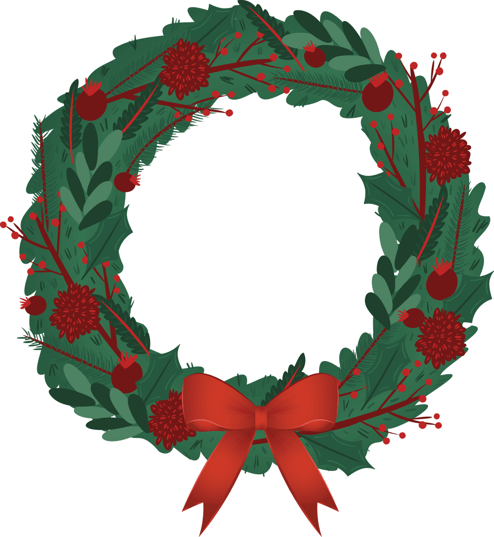 Festive Christmas Wreath with Red Bow on Transparent Background