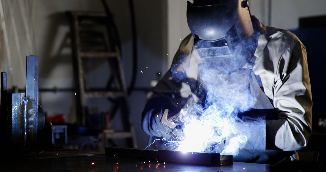 Welder Working with Protective Gear in Industrial Workshop - Free Images, Stock Photos and Pictures on Pikwizard.com