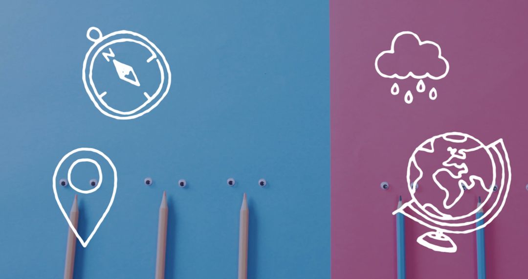 Creative Flat Lay with Pencils, Geographical Doodles and Eyes