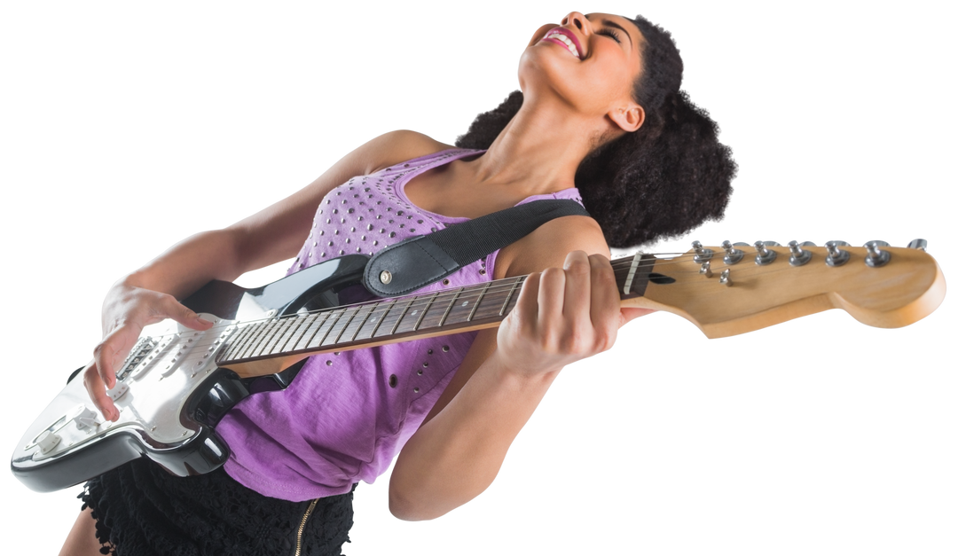 Biracial Woman Playing Electric Guitar Isolated on Transparent Background - Download Free Stock Images Pikwizard.com