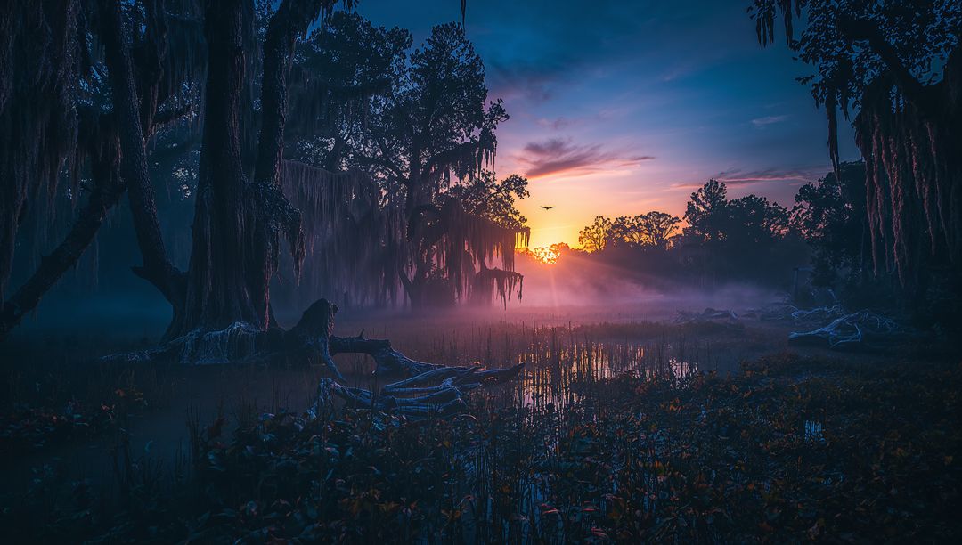 Mysterious Cypress Swamp at Sunrise with Mist and Spanish Moss