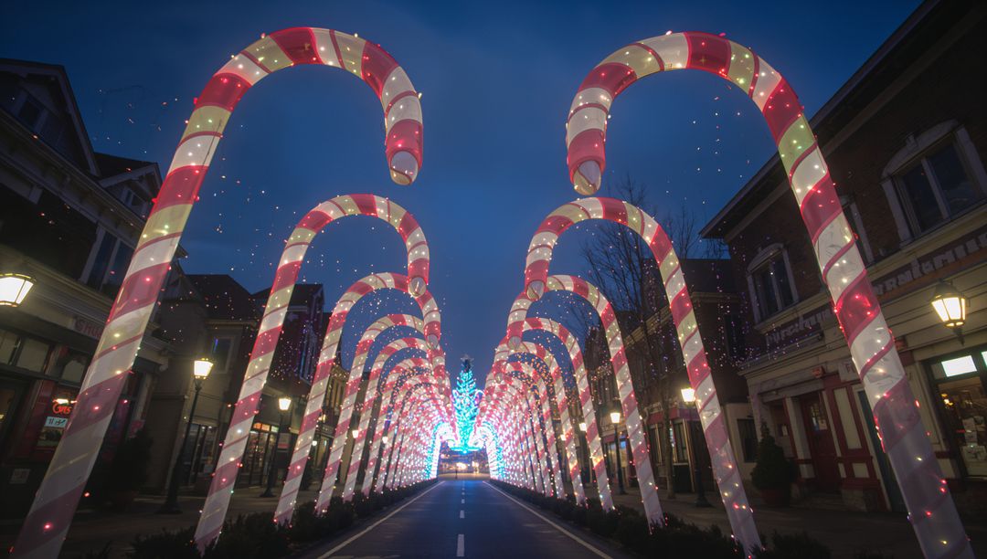 Dazzling candy cane light arches during christmas festival