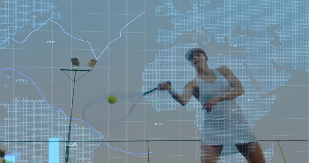Female Tennis Player with Data Overlay on Modern Court Panel