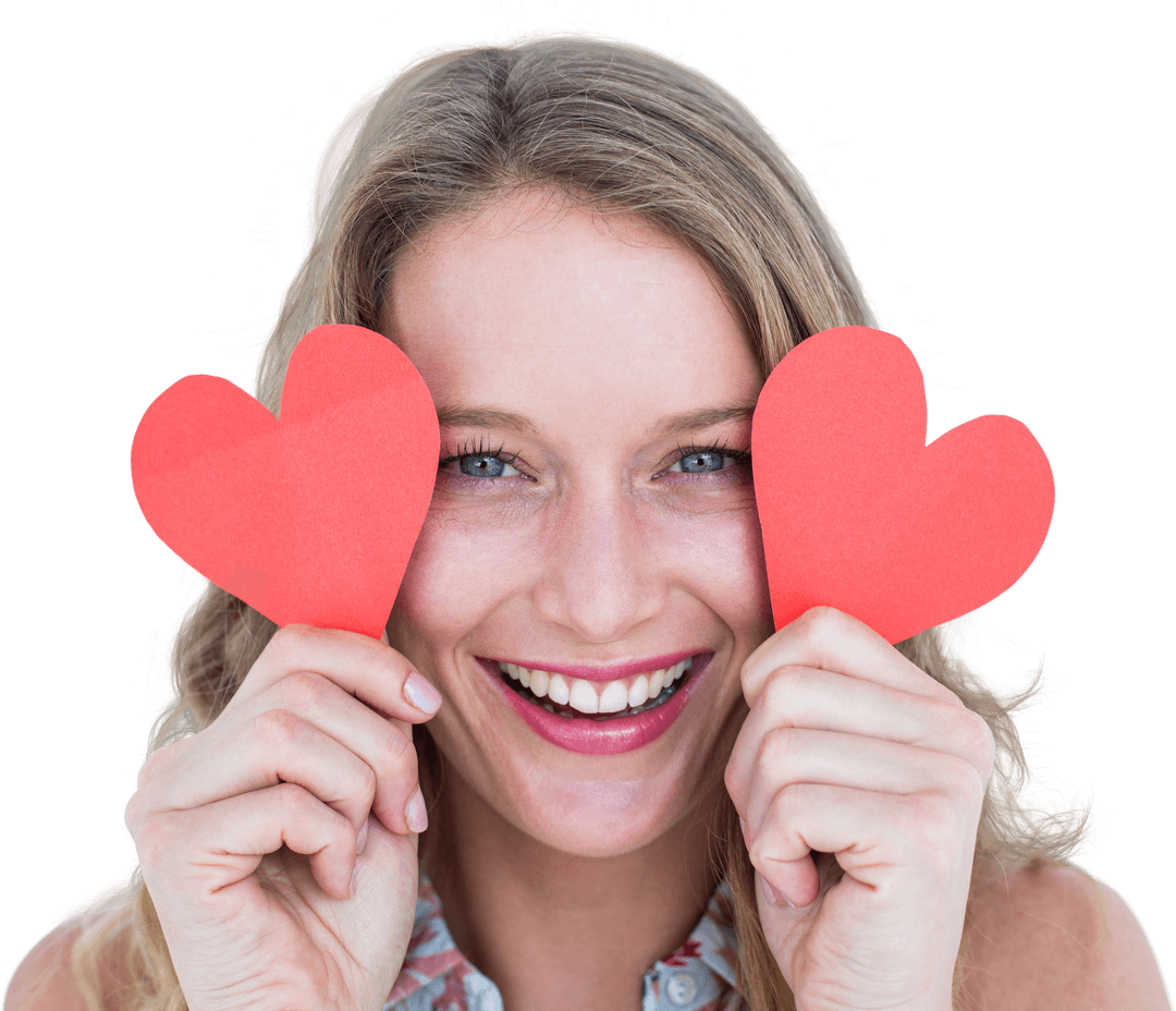 Smiling Woman Holding Transparent Red Heart Shapes Joyfully