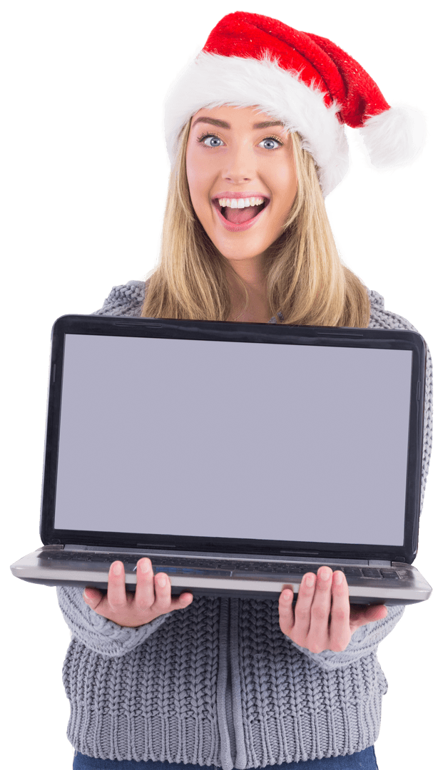 Transparent Christmas Cheer Woman Showing Blank Laptop Screen