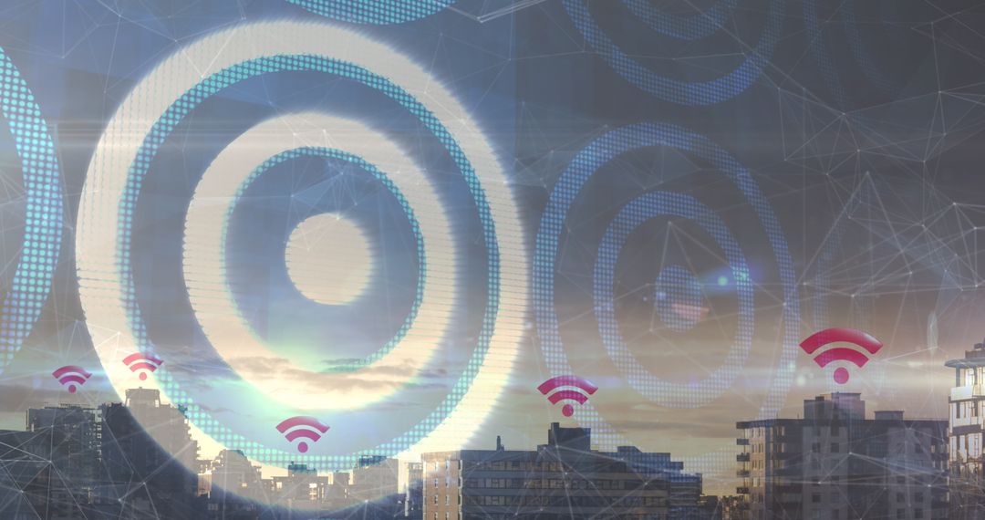 Cityscape at Dusk with Superimposed Wifi Network Symbols