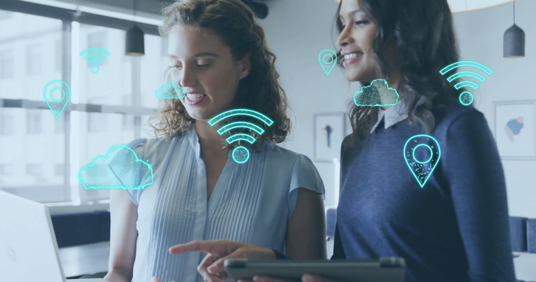 Diverse Professionals Using Technology with Digital Icons Overlay